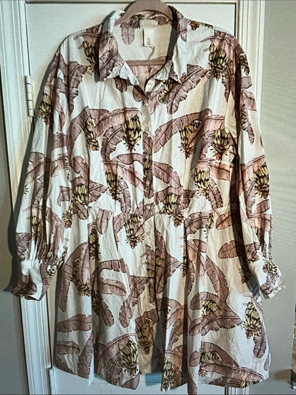 H&M Cream Mini Shirt Dress with Pink Leaf & Yellow Banana Print